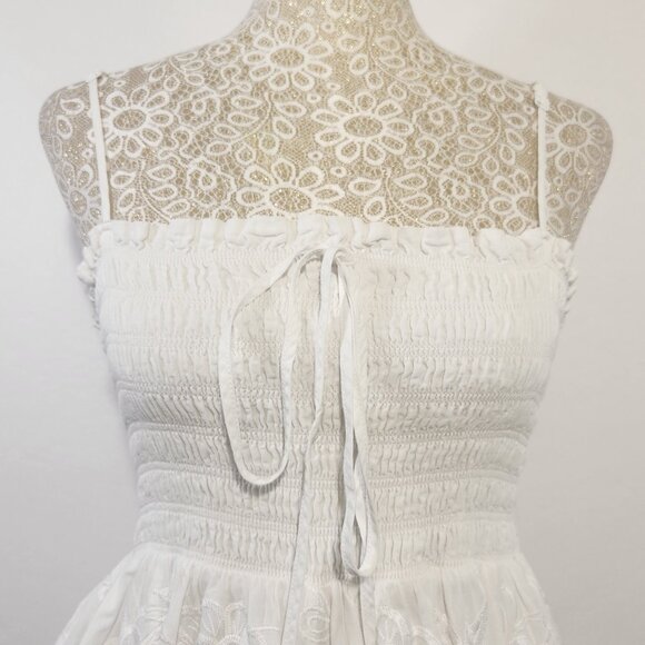Forever 21 Size Small White Embroidered Ruched Tulle Hem Smocked Midi Dress - Picture 3 of 16
